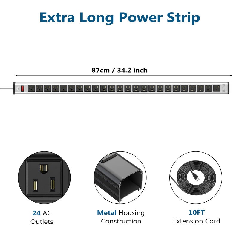 BTU Long Heavy Duty Power Strip 24 Outlet Large Metal Power Strips Garage Workshop Commercial Industrial Power Strips with Circuit Breaker.10FT Cord 15A 125V 1875W (Silver) - Image 2